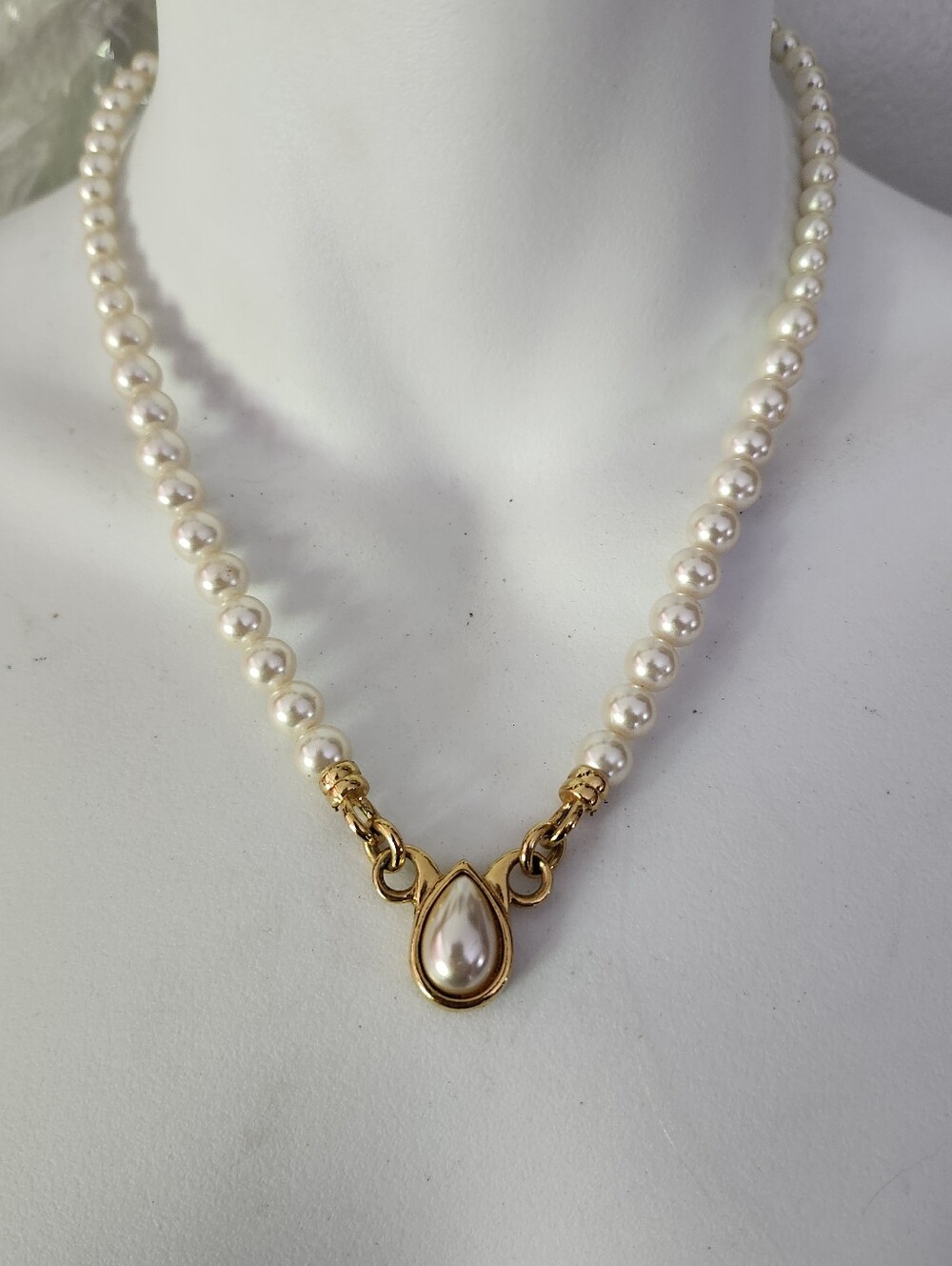 Napier Classic Faux Pearl Statement Necklace with Gold Tone Teardrop Pendant